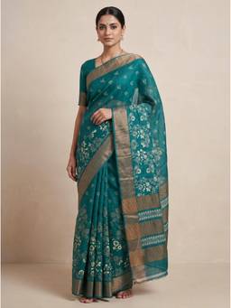 SAANTHA - Women Teal Tussar Silk Printed Saree