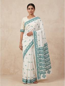SAANTHA - Women White Silk Blend Embroidered Saree