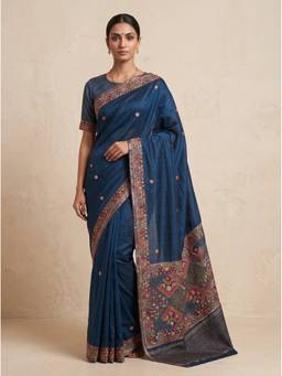 SAANTHA - Women Navy Blue Tussar Silk Embroidered Saree