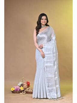 SAANTHA - Women Silver Tissue Solid Saree