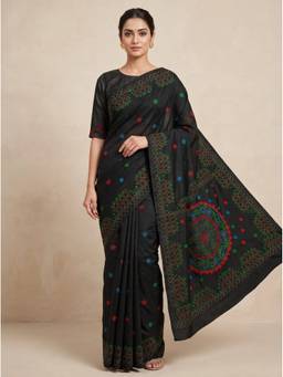 SAANTHA - Women Black Cotton Silk Embroidered Saree