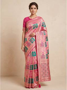 SAANTHA - Women Pink Silk Blend Handloom Saree