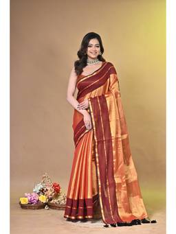 SAANTHA - Women Orange Tissue Handloom Saree