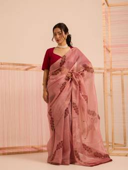 SAANTHA - Women Pink Organza Printed Saree