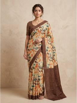 SAANTHA - Women Beige Tussar Silk Printed Saree