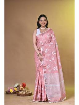 SAANTHA - Women Pink Linen Embroidered Saree