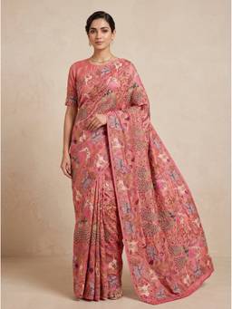 SAANTHA - Women Pink Organza Embroidered Saree