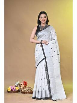 SAANTHA - Women White Linen Embroidered Saree