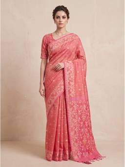 SAANTHA - Women Coral Tussar Silk Handloom Saree