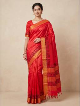 SAANTHA - Women Red Tussar Silk Handloom Saree