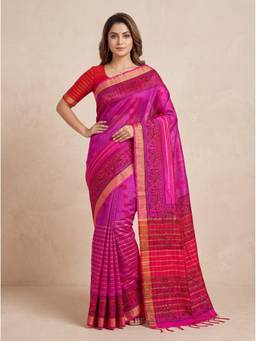 SAANTHA - Women Pink Tussar Silk Printed Saree