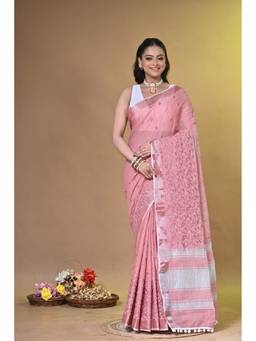 SAANTHA - Women Pink Linen Embroidered Saree