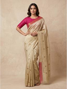 SAANTHA - Women Beige Tussar Silk Handloom Saree
