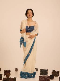SAANTHA - Women Cream Chanderi Embroidered Saree