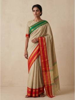 SAANTHA - Women Beige Silk Blend Handloom Saree