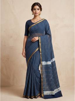SAANTHA - Women Blue Chanderi Printed Saree