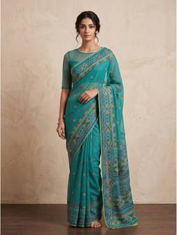 SAANTHA - Women Turquoise Kota Embroidered Saree
