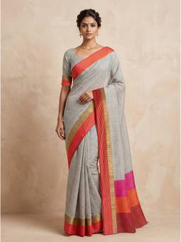 SAANTHA - Women Grey Cotton Silk Printed Saree
