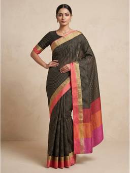 SAANTHA - Women Black Cotton Silk Printed Saree