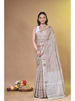 SAANTHA - Women Brown Linen Embroidered Saree