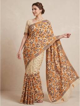 SAANTHA - Women Beige Tussar Silk Embroidered Saree