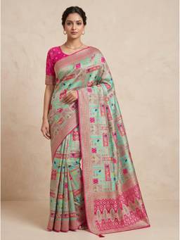 SAANTHA - Women Turquoise Silk Blend Handloom Saree