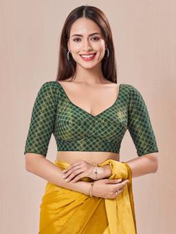 VAMAS - THE DESIGNER BLOUSES - Green Checkered Embroidery Designer Cut Paan Neck Blouse