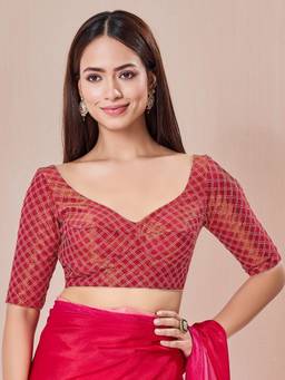 VAMAS - THE DESIGNER BLOUSES - Pink Checkered Embroidery Designer Cut Paan Neck Blouse