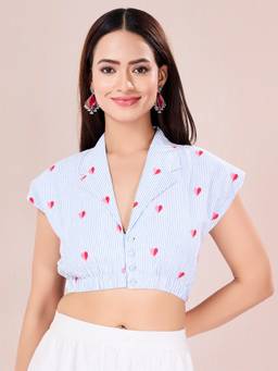 VAMAS - THE DESIGNER BLOUSES - Blue Cotton Heart Shirt Blouse