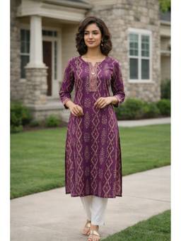 Rajnandini - Women's Wine Cotton Floral Printed Straight Kurta