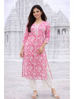 Rajnandini - Women's Baby Pink Pure Cotton Floral Printed Straight Kurta
