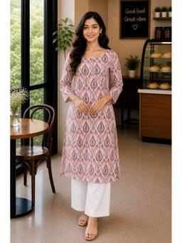 Rajnandini - Women's Pink Pure Cotton Floral Printed Straight Kurta