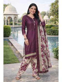 Rajnandini - Wine Cotton Blend Printed Ready to Wear Kurta with Salwar and Dupatta