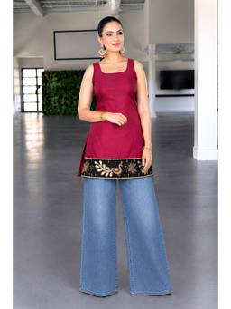 MYSHKA - Women Pink Silk Blend Embroidered Hem Sleeveless A-Line Fusion Kurti