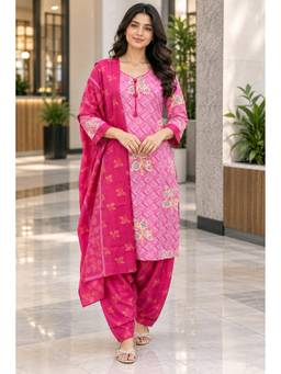 Rajnandini - Baby Pink Cotton Blend Printed Ready to Wear Kurta with Salwar and Dupatta