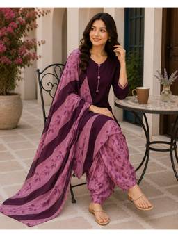 Rajnandini - Wine Cotton Blend Printed Ready to Wear Kurta with Salwar and Dupatta
