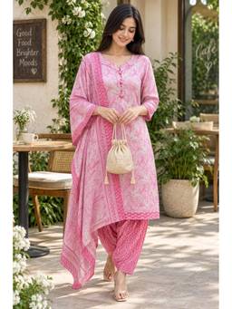 Rajnandini - Pink Cotton Blend Printed Ready to Wear Kurta with Salwar and Dupatta