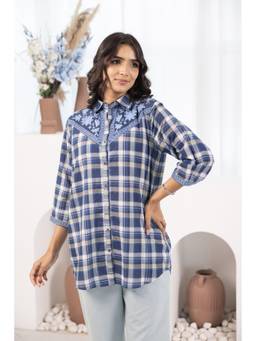 SAVI - Blue Cotton Yarn Dyed Embroidered Shirt Top