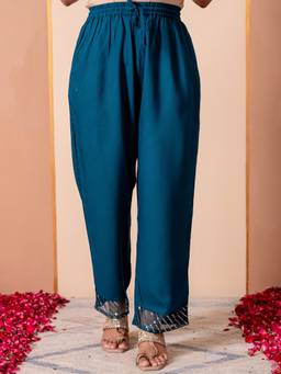 ARAMYA - Women Teal Viscose Embellished Pant