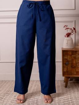 ARAMYA - Women Blue Linen Cotton Solid Pant