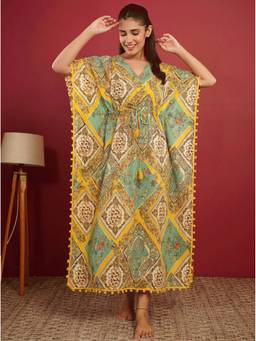 ARAMYA - Soft Cotton Straight Geometric Print Yellow Kaftan