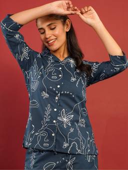 ARAMYA - Soft Cotton Straight Abstract Print Blue Kurta