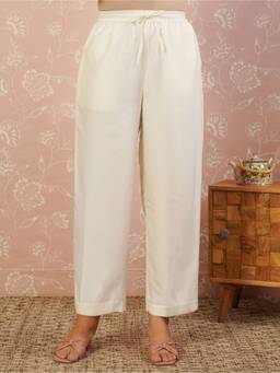 ARAMYA - Women Cream Blended Silk Solid Pant