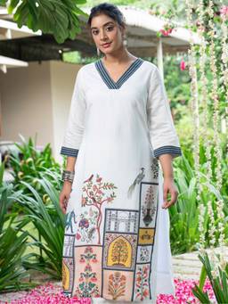 ARAMYA - Chanderi Straight Placement Print White Kurta