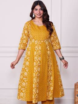 ARAMYA - Soft Cotton Anarkali Floral Print Mustard Kurta