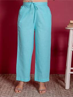 ARAMYA - Women Sky Blue Slub Cotton Solid Pant
