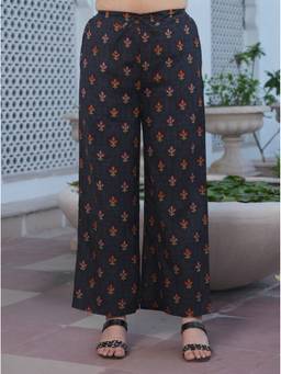 ARAMYA - Women Black Soft Cotton Floral Palazzo