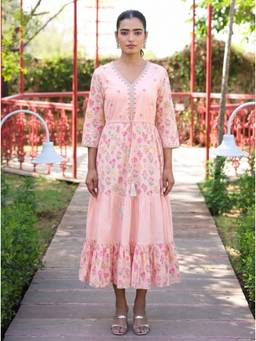 ARAMYA - Soft Cotton Anarkali Floral Print Peach Kurta