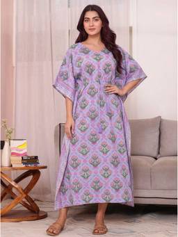 ARAMYA - Soft Cotton Floral Print Lavender Kaftan