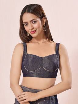 VAMAS - THE DESIGNER BLOUSES - Navy Blue Crush Tissue Katori Cut Blouse